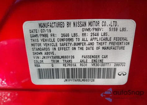 2020 Infiniti Q50 Red Sport 400 Awd из США, поврежденный, VIN JN1FV7AR8LM660126